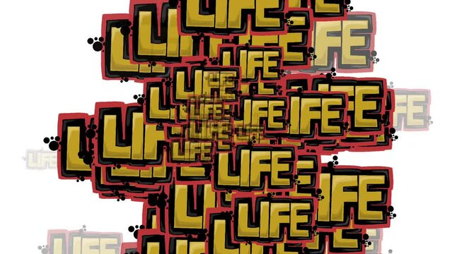 animated video scattered with the words LIFE on a white background