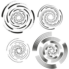 Spiral, swirl, twirl. Volute, helix, eddy and vortex shape. Radial lines with rotation. Vector illustration.