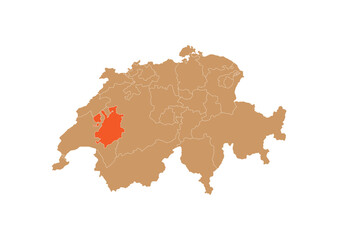 Map of Fribourg on Switzerland map. Map of Fribourg highlighting the boundaries of the canton of Fribourg on the map of Switzerland
