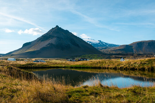 Village of Arnarstapi on a sunny day, Iceland