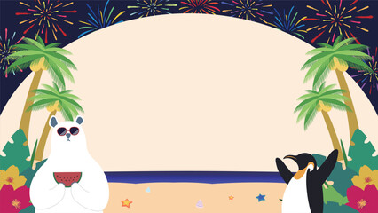 南国で花火を楽しむシロクマとペンギンで飾られた夏旅応援キャンペーン背景テンプレート　Summer Travel Support Campaign background template decorated with polar bear and penguin enjoying fireworks in a tropical country © arucom_
