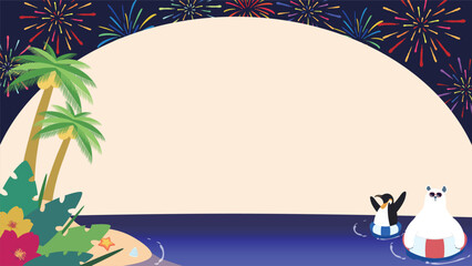 南国の島で花火を楽しむシロクマとペンギンで飾られた夏旅応援キャンペーン背景テンプレート　Summer Travel Support Campaign background template decorated with polar bear and penguin enjoying fireworks on a tropical island