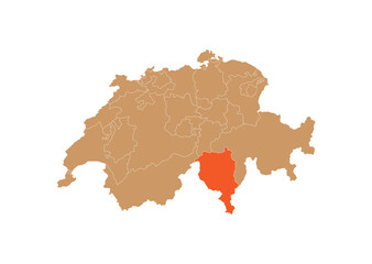 Map of Ticino on Switzerland map. Map of Ticino highlighting the boundaries of the canton of Ticino on the map of Switzerland
