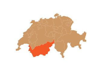 Map of Valais on Switzerland map. Map of Valais highlighting the boundaries of the canton of Valais on the map of Switzerland
