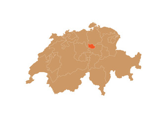 Map of Zug on Switzerland map. Map of Zug highlighting the boundaries of the canton of Zug on the map of the Switzerland
