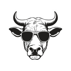 zebu wearing sunglasses, vintage logo line art concept black and white color, hand drawn illustration - obrazy, fototapety, plakaty