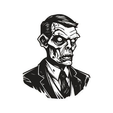 zombie wearing suit, vintage logo line art concept black and white color, hand drawn illustration