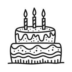 black birthday cake doodle drawing on white background.