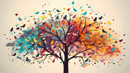 Abstract wallpaper for interior mural wall art décor. Colorful autumn tree with birds.