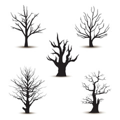Collection of dry tree branches silhouette. Drawing set scetch illustration of wood plant in forest vector art 
