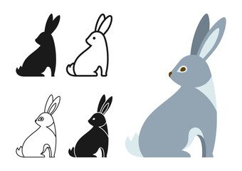 Hare or Bunny wild animal cartoon style set. Cute rabbit symbol, line doodle, icon or silhouette. Flat funny forest hares character animal icon. Hand drawn sitting rabbits abstract vector illustration