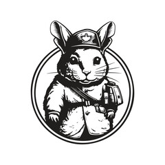 chinchilla soldier, vintage logo line art concept black and white color, hand drawn illustration