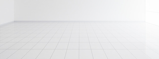 3d rendering of white tile floor with grid line of square texture pattern in perspective. Clean...