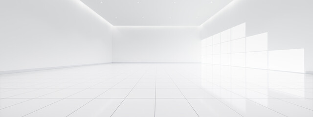 3d rendering of empty space in room consist of white tile floor in perspective, window, ceiling...