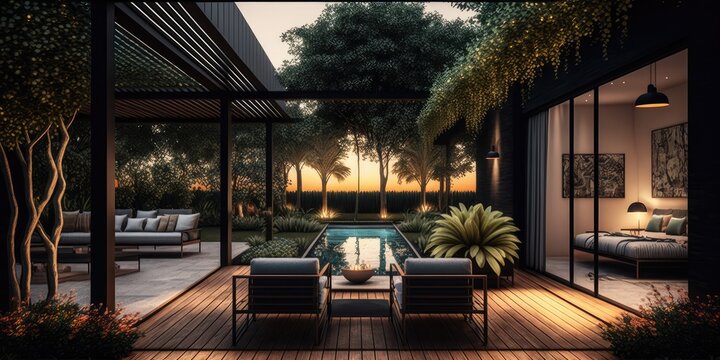 Modern balcony patio building with rest area for family in elegant stylish villa or hotel. distinct generative AI image.