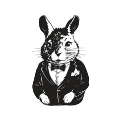 chinchilla wearing suit, vintage logo line art concept black and white color, hand drawn illustration