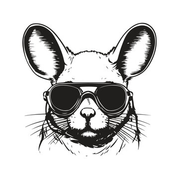 chinchilla wearing sunglasses, vintage logo line art concept black and white color, hand drawn illustration