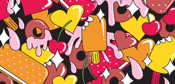 Funky Retro Summer Background with Popsicles, Ice Cream Sandwiches, Hearts, Donuts, Icing, and Sparkles
