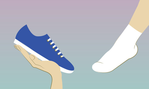 "If the shoes fits": Hand holding blue sneaker next to a foot with a sock on