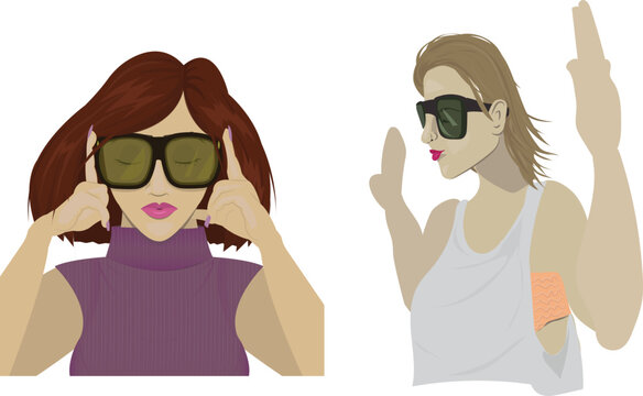 Two Fashionable Women with Sunglasses with Various Hand Expressions