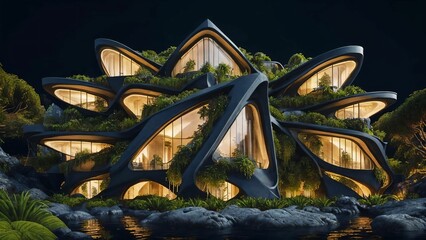 The Hive - Sci-fi futuristic brutalist architecture style building structure with triangular pattern and lush vegetation façade - Generative AI Illustration