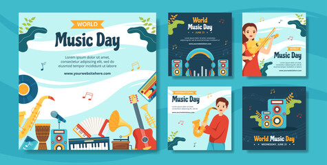 World Music Day Social Media Post Flat Cartoon Hand Drawn Templates Background Illustration