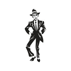 elf wearing suit, vintage logo line art concept black and white color, hand drawn illustration
