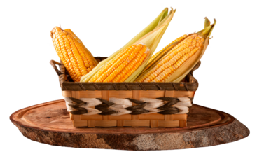 Fresh yellow corn in basket over rustic wood and transparent background png