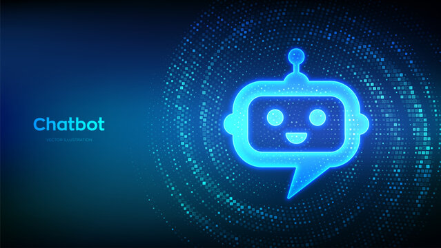 Robot chatbot head icon. Chatbot assistant application. Artificial intelligence conversation assistant concept. Binary code Data Flow. Virtual tunnel warp made with digital code. Vector Illustration.
