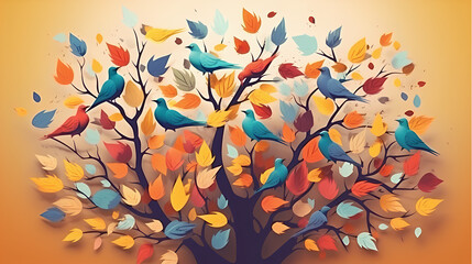 Colorful trees with leaves on hanging branches illustration. Abstract wallpaper for interior mural wall art decor. Floral tree with multicolor with birds
