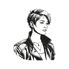 cyberpunk woman short hair, vintage logo line art concept black and white color, hand drawn illustration