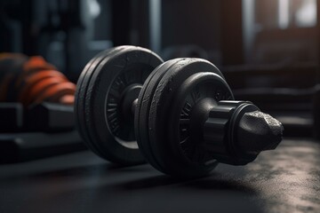 Obraz na płótnie Canvas 3D model of a sports dumbbell on a bodybuilding equipment background. Generative AI