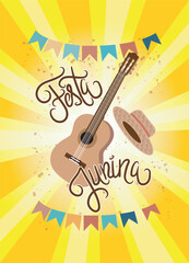 Festa Junina with classical guitar, straw hat and party flags on yellow rays background. Lettering style. Vector illustration for cards and banners.eps
