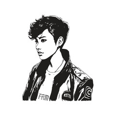 cyberpunk woman short hair, vintage logo line art concept black and white color, hand drawn illustration