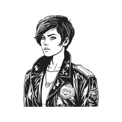 cyberpunk woman short hair, vintage logo line art concept black and white color, hand drawn illustration
