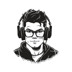 young gamer, vintage logo line art concept black and white color, hand drawn illustration