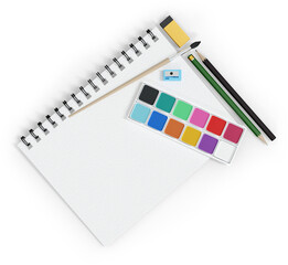 3D Render School Supplies Stationery Equipment With Watercolor And Paintbrush