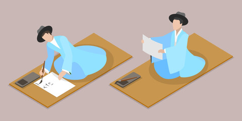 3D Isometric Flat Vector Conceptual Illustration of Korean Traditions, Writing Characters