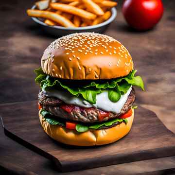 Hamburger on a wooden table, A close up picture of a tasty burger, real, photography