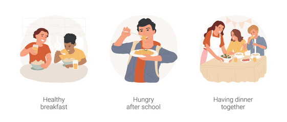 Teenager eating at home isolated cartoon vector illustration set. Healthy breakfast, eating cereals and drinking orange juice, teenager hungry after school, having dinner together vector cartoon.