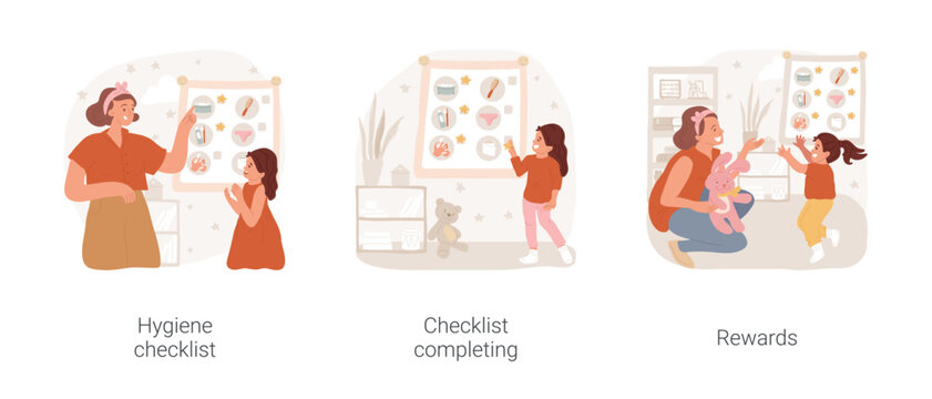 Encourage good habits isolated cartoon vector illustration set. Personal hygiene checklist for child, groomed and dressed kid making complete marks, mom gives rewards, good behavior vector cartoon.