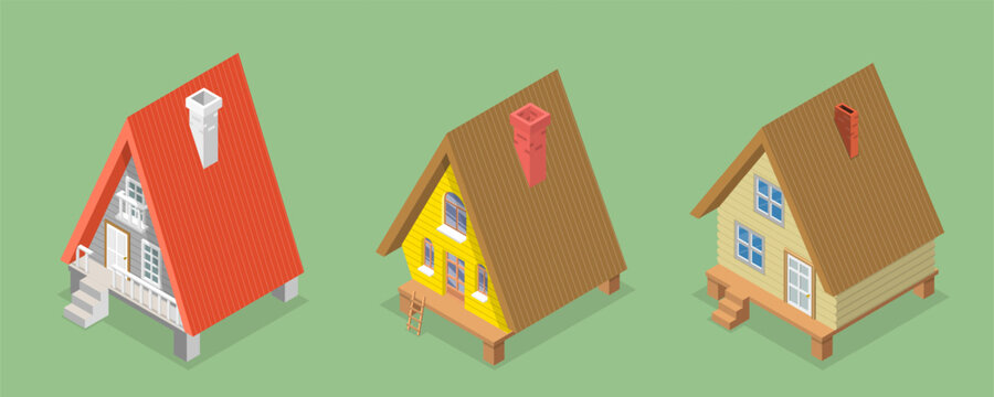 3D Isometric Flat Vector Set of Lodges, Wooden Cabin or Forest Hut