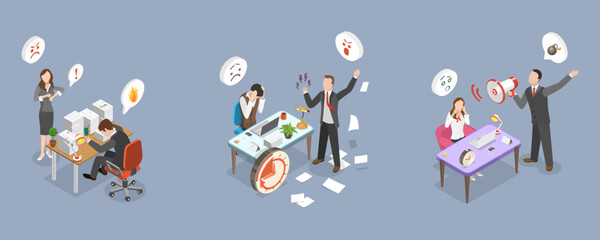 3D Isometric Flat Vector Conceptual Illustration of Bullying Boss, Frustration and Anxiety at Workplace - obrazy, fototapety, plakaty