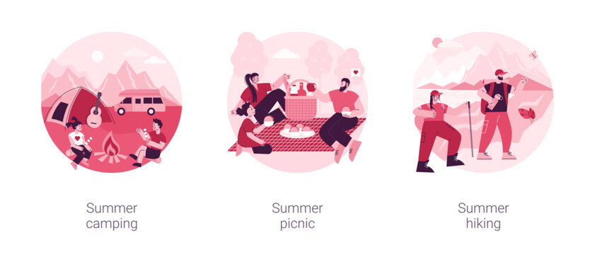 Summer adventure abstract concept vector illustration set. Summer camping, picnic and hiking, national park, scout program, survival skills, leisure time, family eating outdoors abstract metaphor.