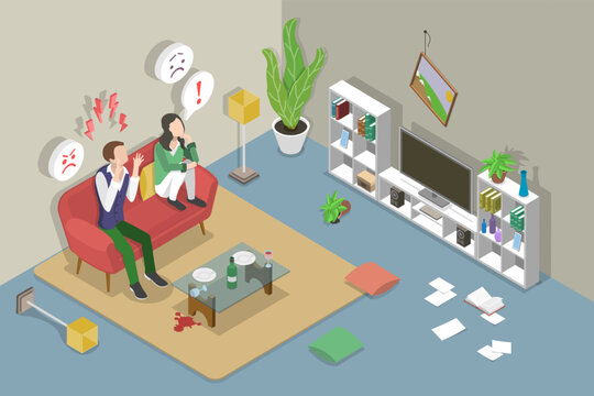 3D Isometric Flat Vector Conceptual Illustration of Quarreling Couple, Domestic Conflict