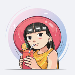 Hello Summer. Cute Girl Drinking Lemon Tea vector illustration