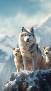 Family of Wolves Standing Together on a Snow-Covered Cliff. Generative ai