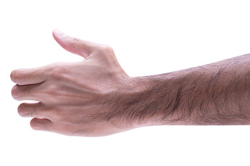 isolated of male hand holding something like a bottle or can.