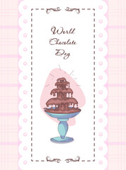 Greeting card World Chocolate Day in vintage style made in romantic pastel colors. Suitable for confectionery, sweet shop
