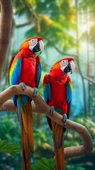 Couple of Vibrant and Colorful Macaws, Perched on Tropical Tree Branches. Generative ai